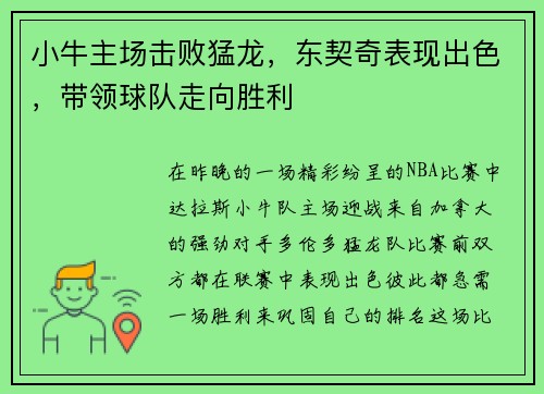 小牛主场击败猛龙，东契奇表现出色，带领球队走向胜利