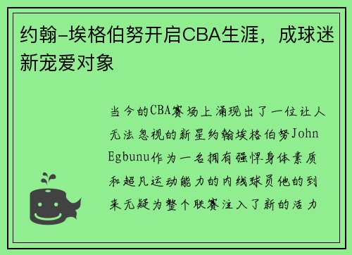 约翰-埃格伯努开启CBA生涯，成球迷新宠爱对象